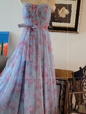 Light Blue Floral  Dress with Waist Tie